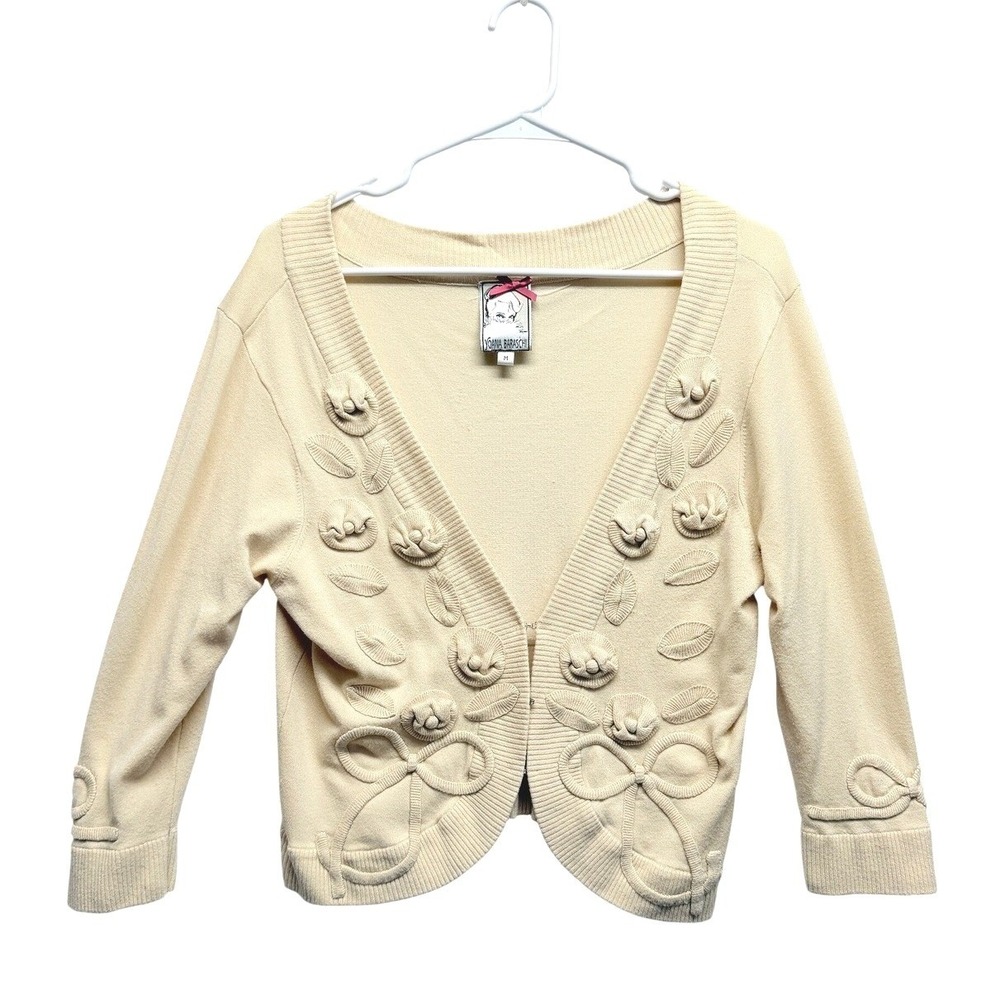 Yoana Baraschi Cardigan 3D Floral Applique Medium Cream Women Vtg